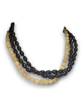 Jay King Vintage Boho Black Floral Bead Yellow Stone Necklace Sterling Silver